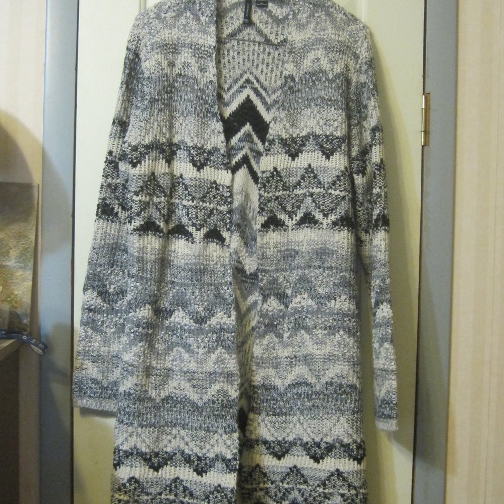 New Directions Open Front Long Knit Sweater/Cardigan Size XL Black/Gray/Cream